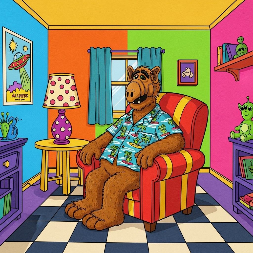 Alf the alien sitting in striped armchair in bright colorful room with checkered floor