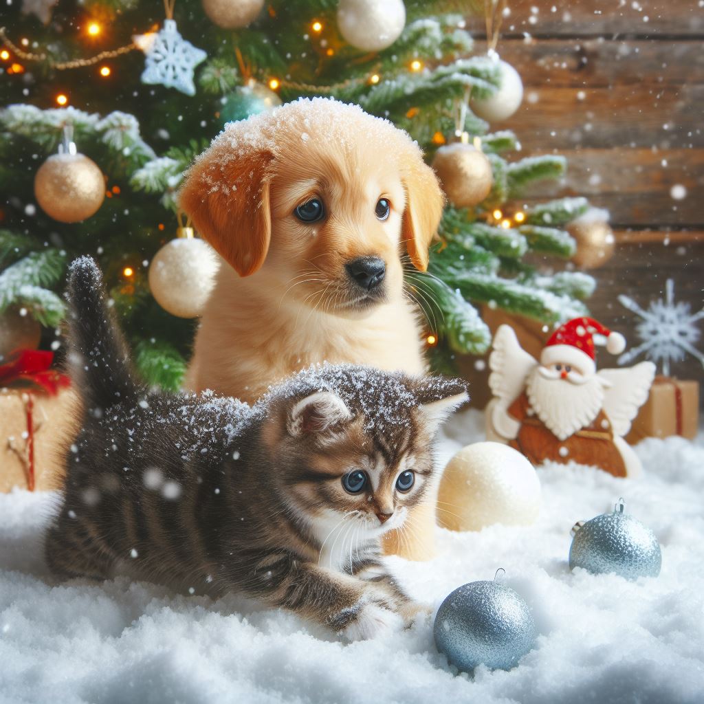 Golden puppy and tabby kitten in front of Christmas tree with ornaments and snow