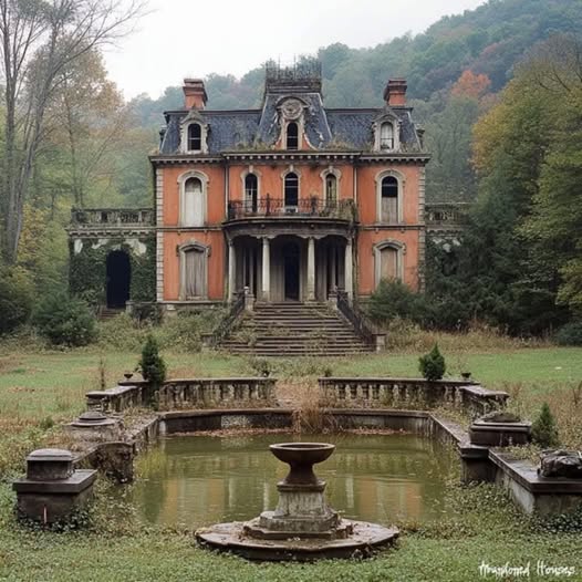 Abandoned Victorian mansion with peach walls, dark roof, front steps, and an empty fountain pond in overgrown yard