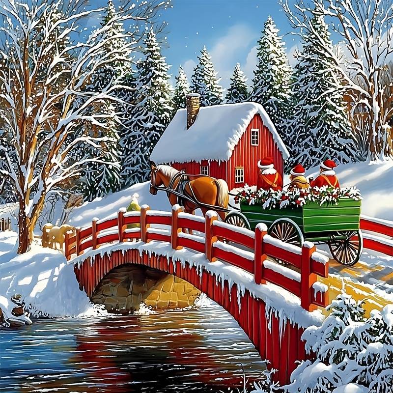 Winter painting of a red bridge, snowy cottage, horse-drawn wagon, and forest by a stream