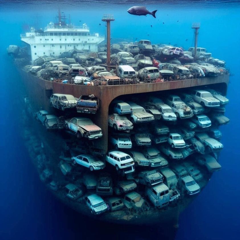 Underwater barge filled with stacked cars in a deep blue ocean scene