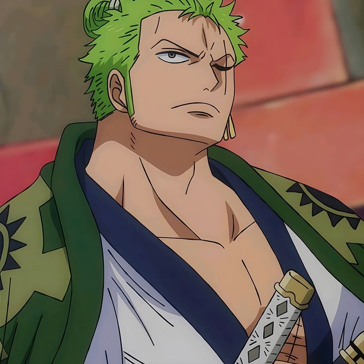 Anime character with spiky green hair wearing an open green and white robe, serious facial expression