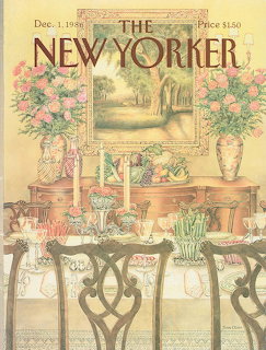 New Yorker Dec 1 1986 cover showing a formal Thanksgiving dining table with flowers, candles, and a sideboard