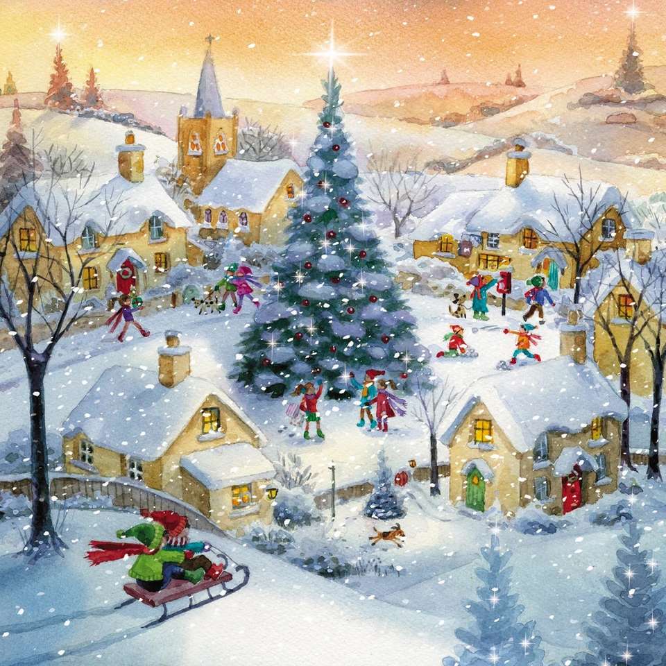 Snowy Christmas village with decorated tree, church, cottages, and people celebrating under warm streetlights at sunset