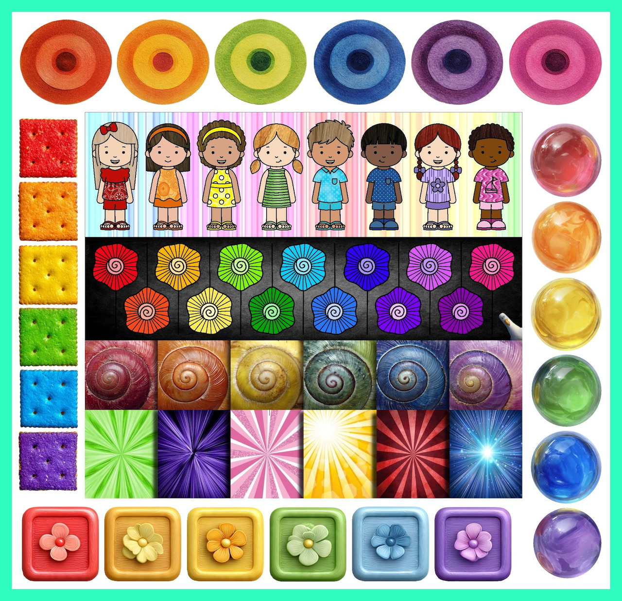 Grid of colorful elements including cartoon children, circles, patterns, and flowers arranged in neat rows