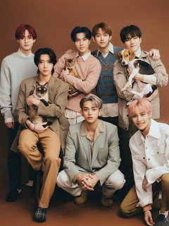 Group of seven young men in fashionable clothing posing with cats and a beagle dog against a brown background