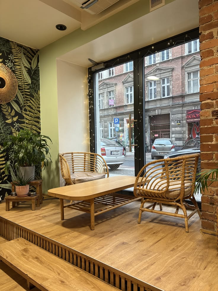 Cozy cafe interior with rattan chairs, wooden table, tropical wallpaper, and large windows facing a street