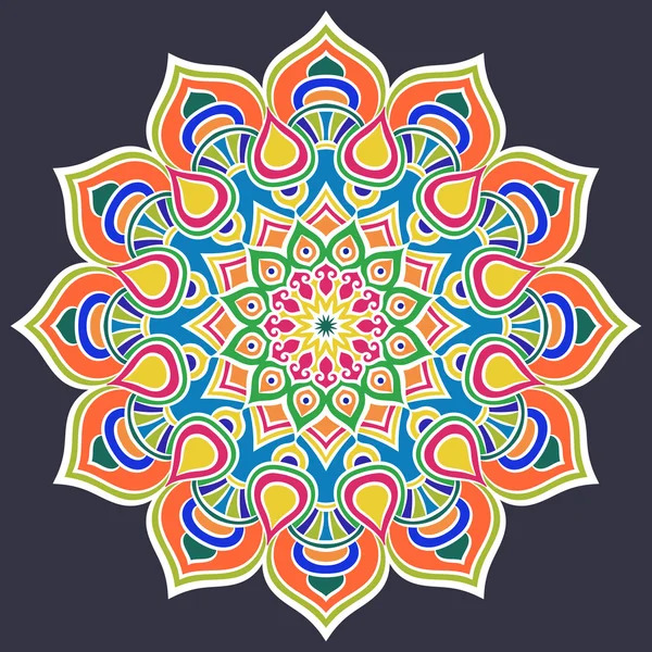 Symmetrical mandala design with colorful layered petals in red, orange, yellow, green, blue, and pink on dark background