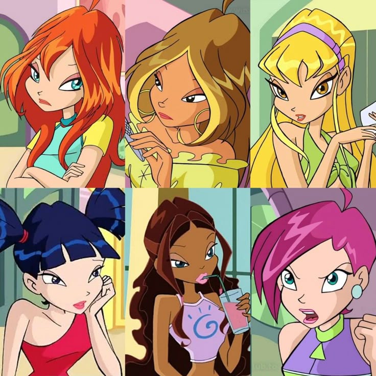 Colorful collage of six cartoon fairy girls shown in close-up portraits