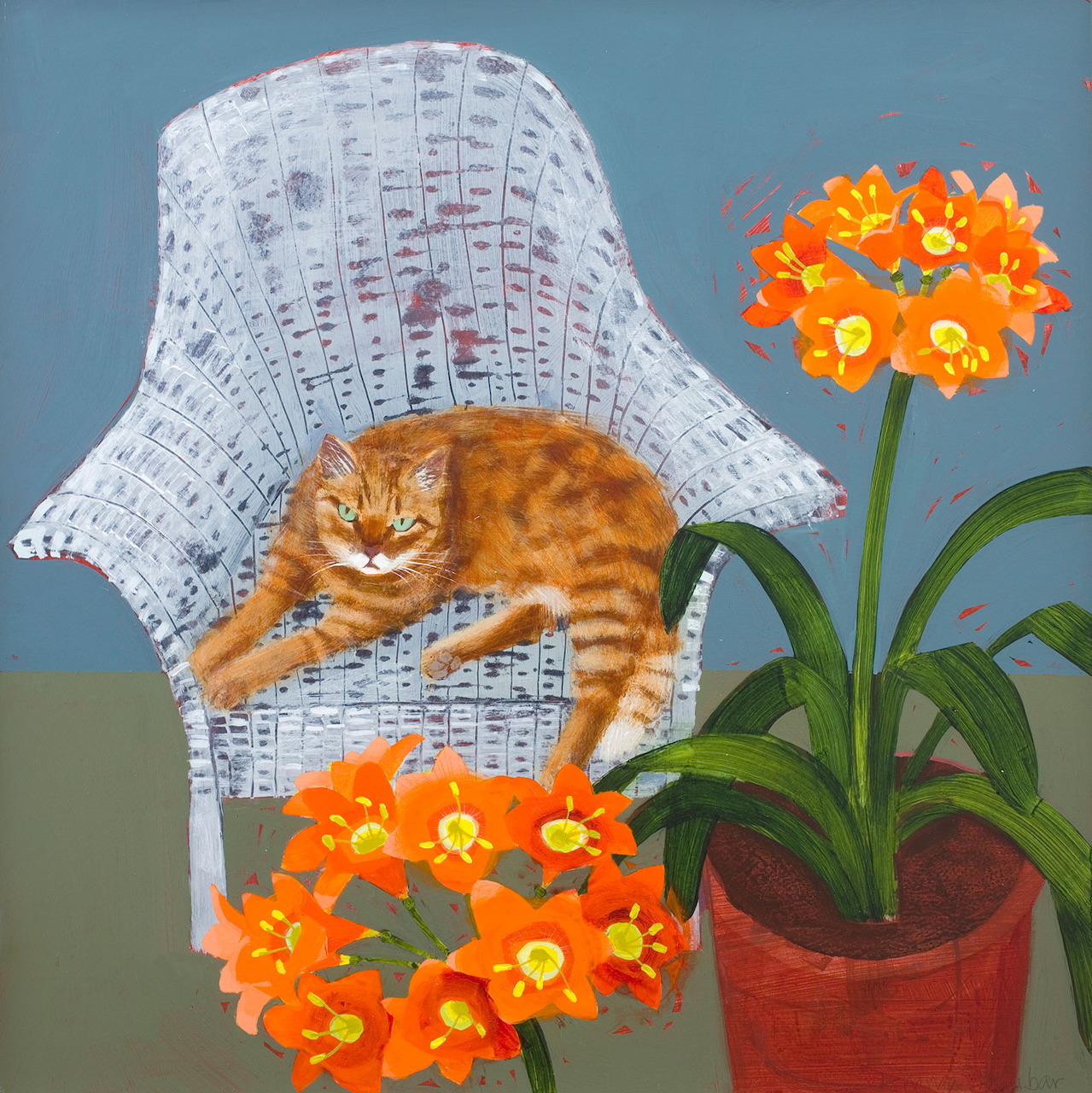 Painting of ginger cat lounging on white wicker chair with orange clivia flowers in pot