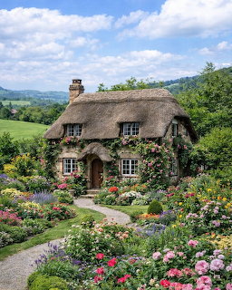 Thatched roof cottage with colorful flower garden and countryside view