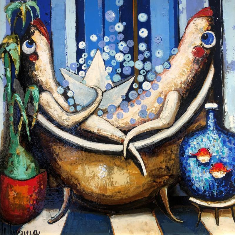 Whimsical painting of two fish relaxing in a clawfoot bathtub with bubbles and a blue striped background.