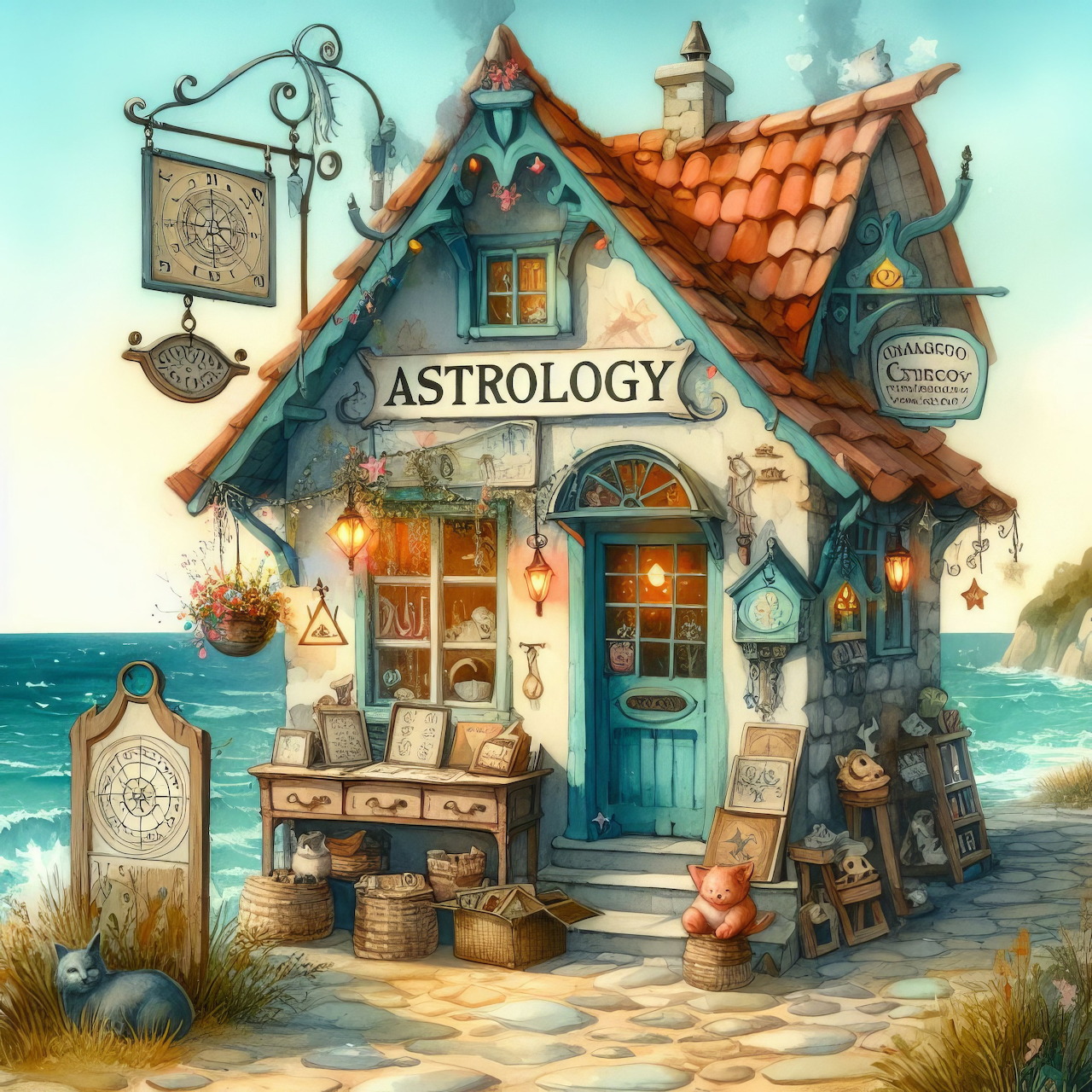 Charming seaside astrology shop cottage with orange roof and turquoise door on beach