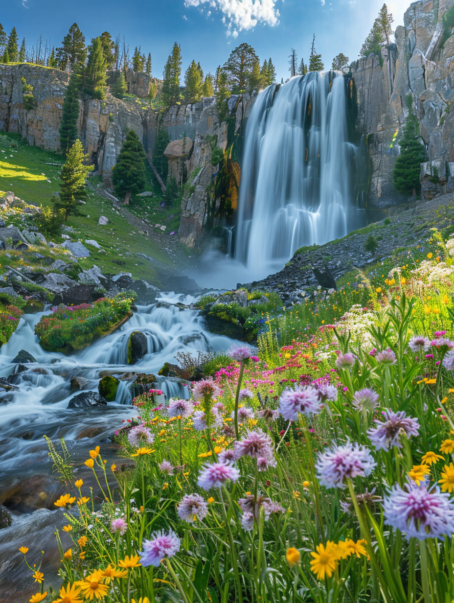 Tall waterfall flowing into stream with purple and yellow wildflowers in foreground, evergreen trees on cliffs