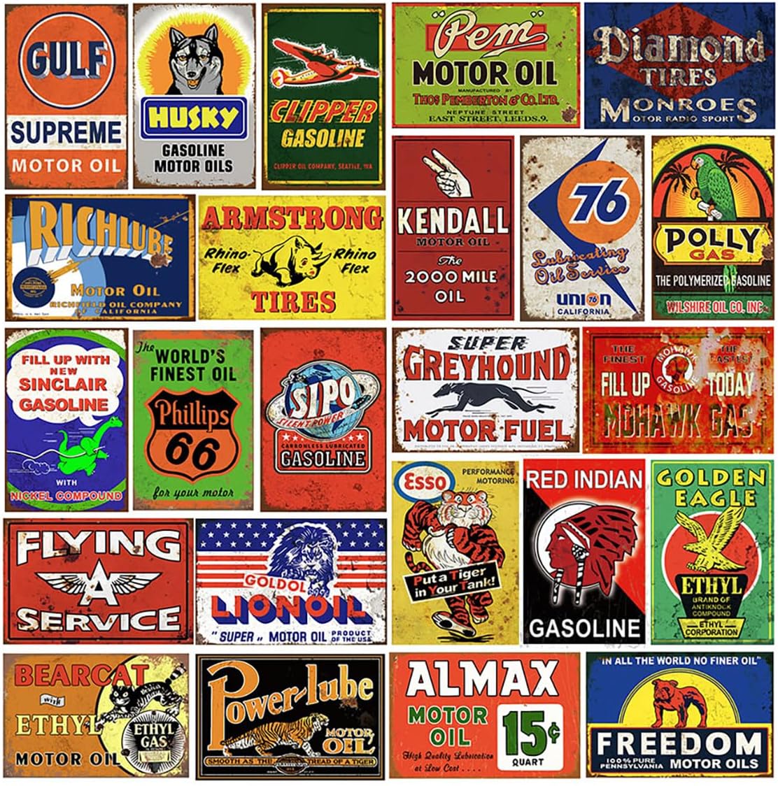 Grid collage of 25 retro automotive and gas station advertising signs in vibrant colors