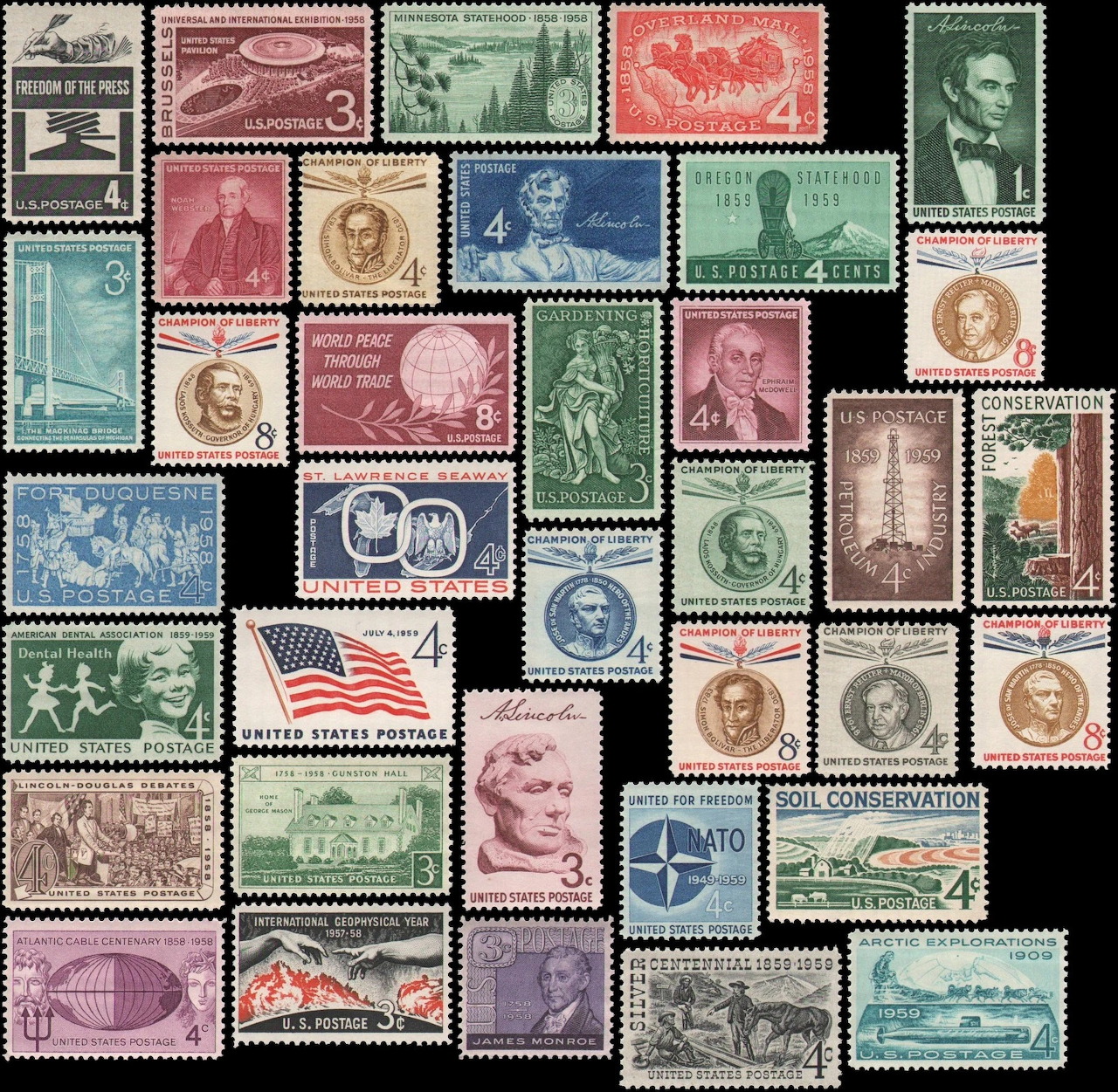 Collage of colorful vintage US postage stamps from 1958 and 1959