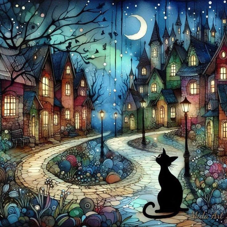 Black cat silhouette overlooking whimsical nighttime village with colorful glowing houses and crescent moon