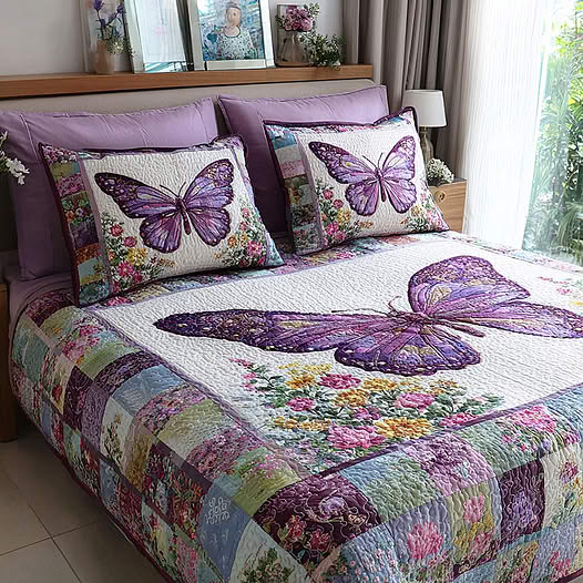 Bed with butterfly patchwork quilt and matching butterfly pillows in a bright bedroom