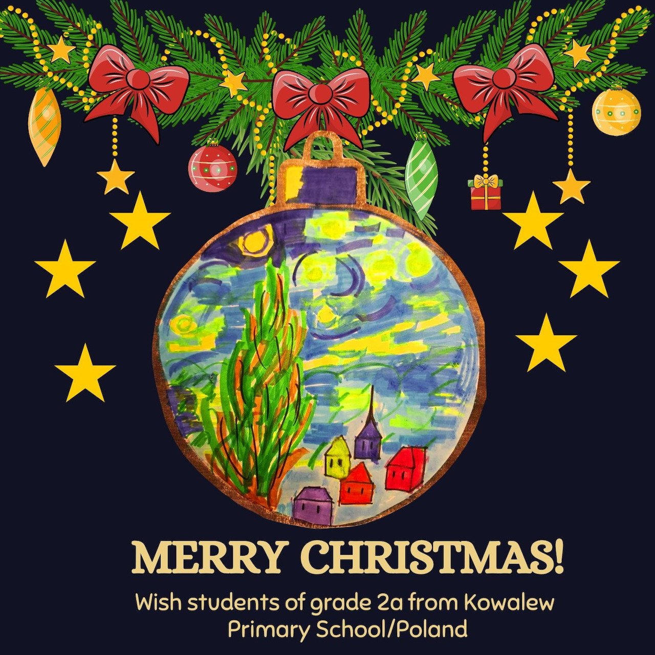 Christmas illustration with fir garland, red bows, gold stars, and a painted hanging ornament