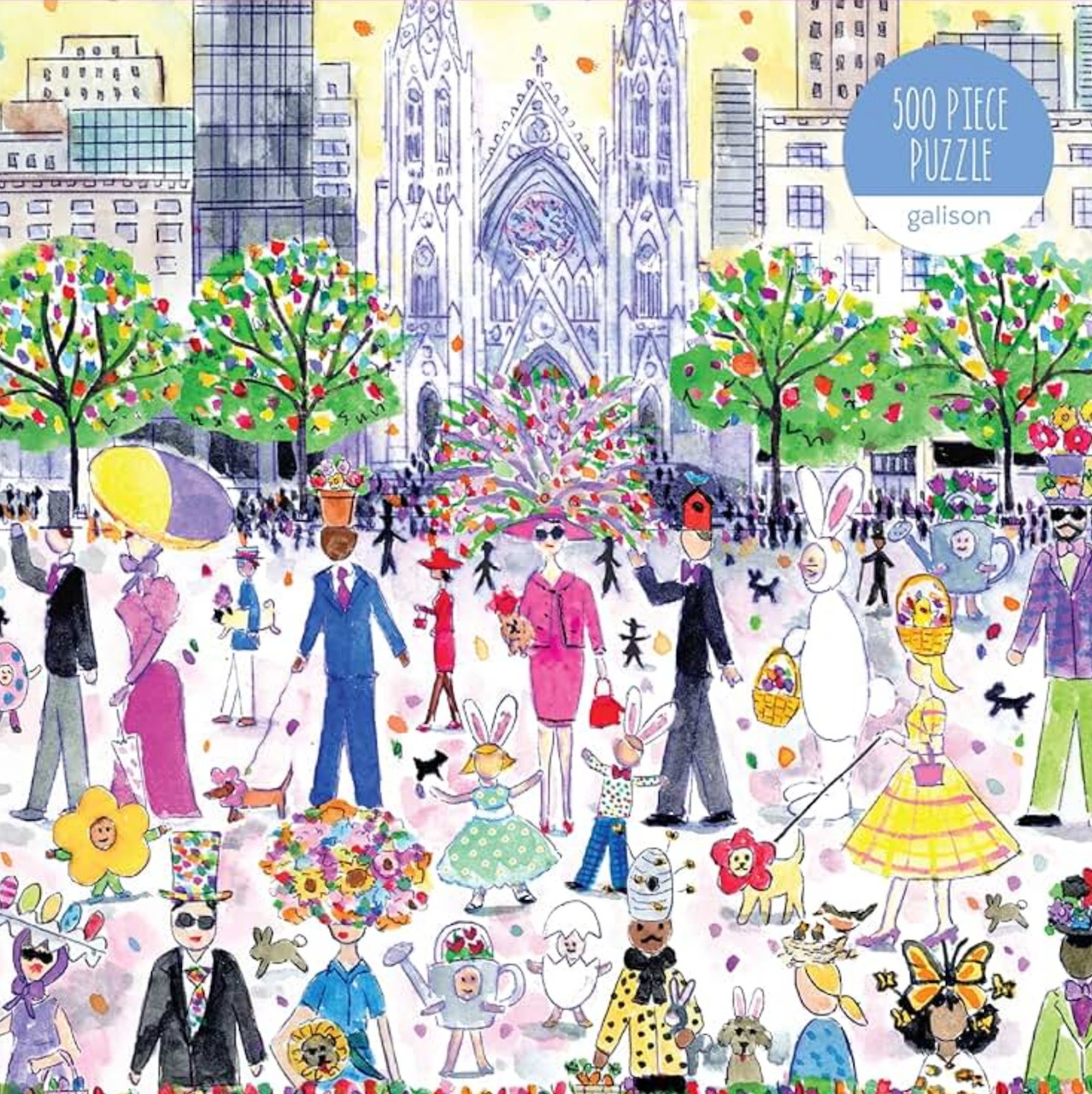 Colorful Easter parade illustration in a city square with people, rabbits, trees, and a cathedral
