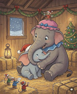 Dumbo baby elephant hugging mother in Christmas-decorated wooden room with tree and snowy window