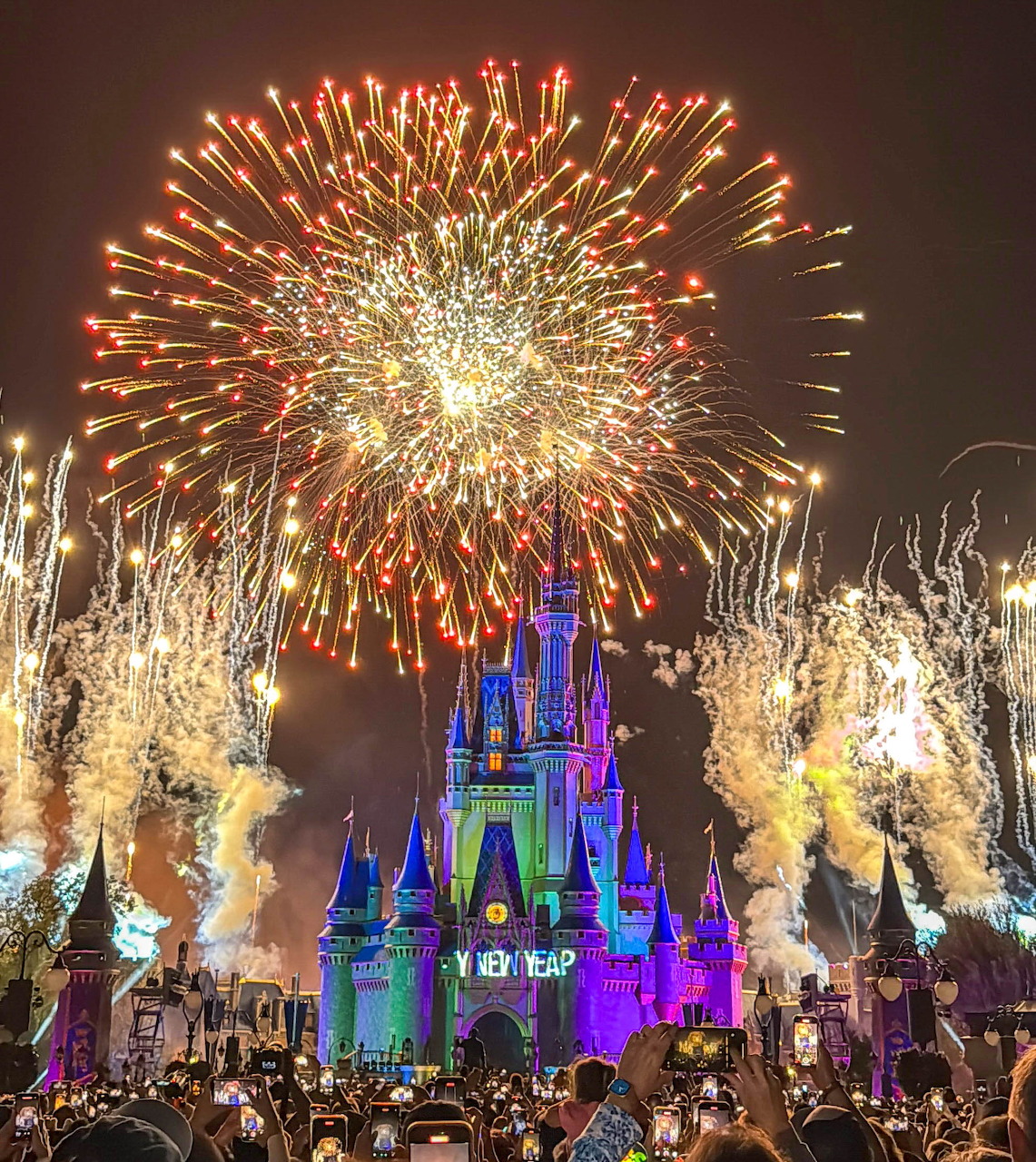 Colorful fireworks bursting over illuminated Disney castle with crowd silhouettes in foreground