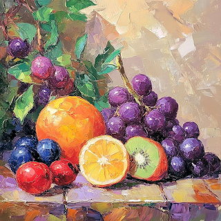 Painting of assorted fruit including grapes, orange, kiwi, plums, and cherries in a still life arrangement