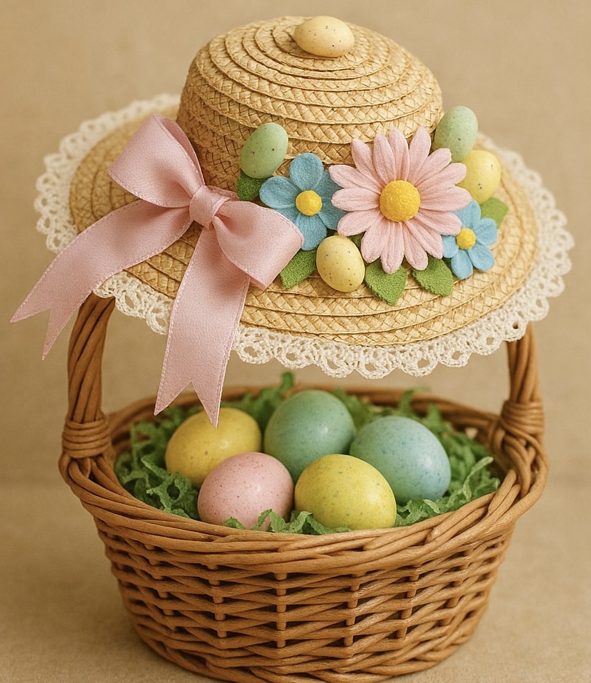 Wicker basket of colorful Easter eggs next to decorated straw hat with flowers and ribbon
