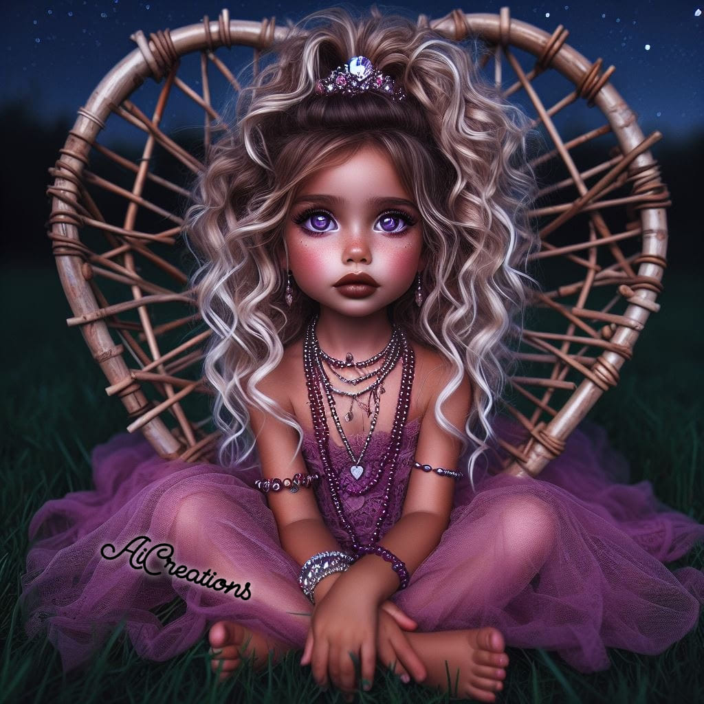 Stylized girl with curly silver hair in a purple dress sitting in a heart-shaped wicker chair