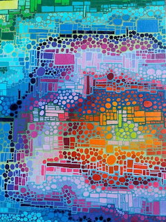 Colorful abstract mosaic with geometric patterns in blue, pink, orange transitioning like a landscape