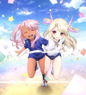 Two anime girls in gym bloomers running forward with confetti and blue sky background