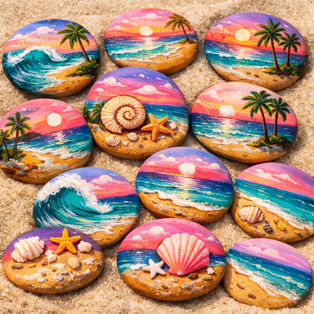 Hand-painted rocks with colorful beach sunset scenes, seashells, and palm trees arranged on sand