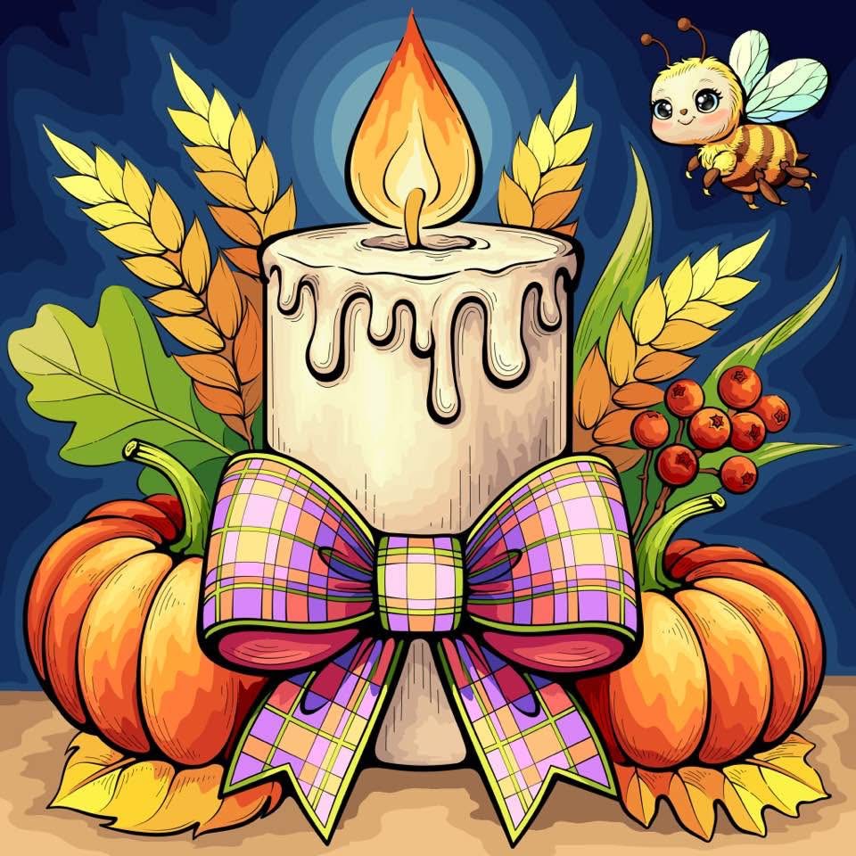 Illustration of a dripping candle with pumpkins, wheat, leaves, berries, and a small bee