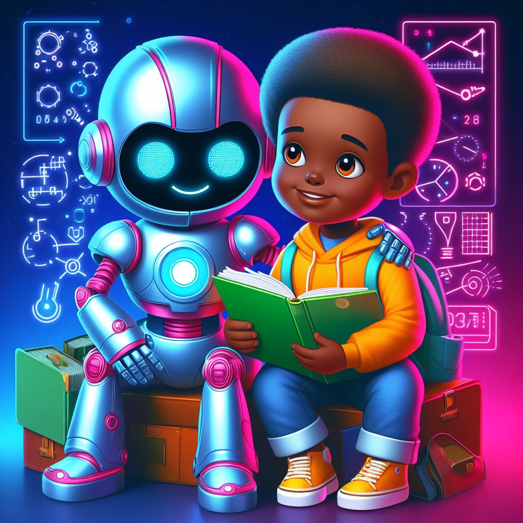 Smiling boy in yellow jacket sitting with cheerful blue robot, reading book together on colorful background
