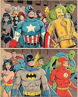 Group of Avengers and Justice League superheroes in a crossover illustration
