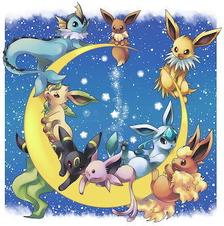 Eight Eevee evolution Pokémon characters sitting on a crescent moon in a starry night sky