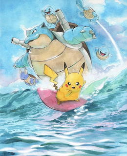 Pikachu on pink surfboard with Pokemon surfing ocean waves