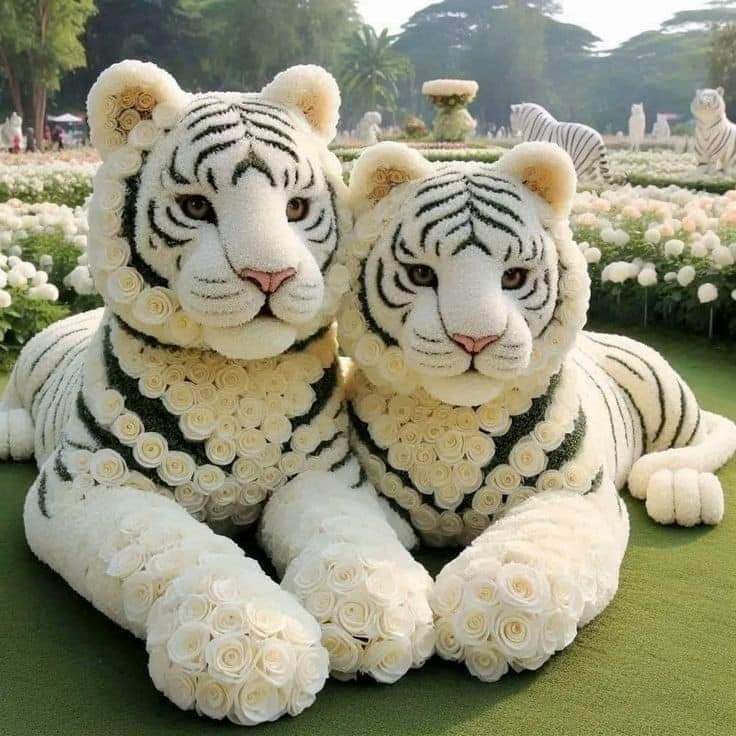 Two white tiger sculptures made of flowers in a garden
