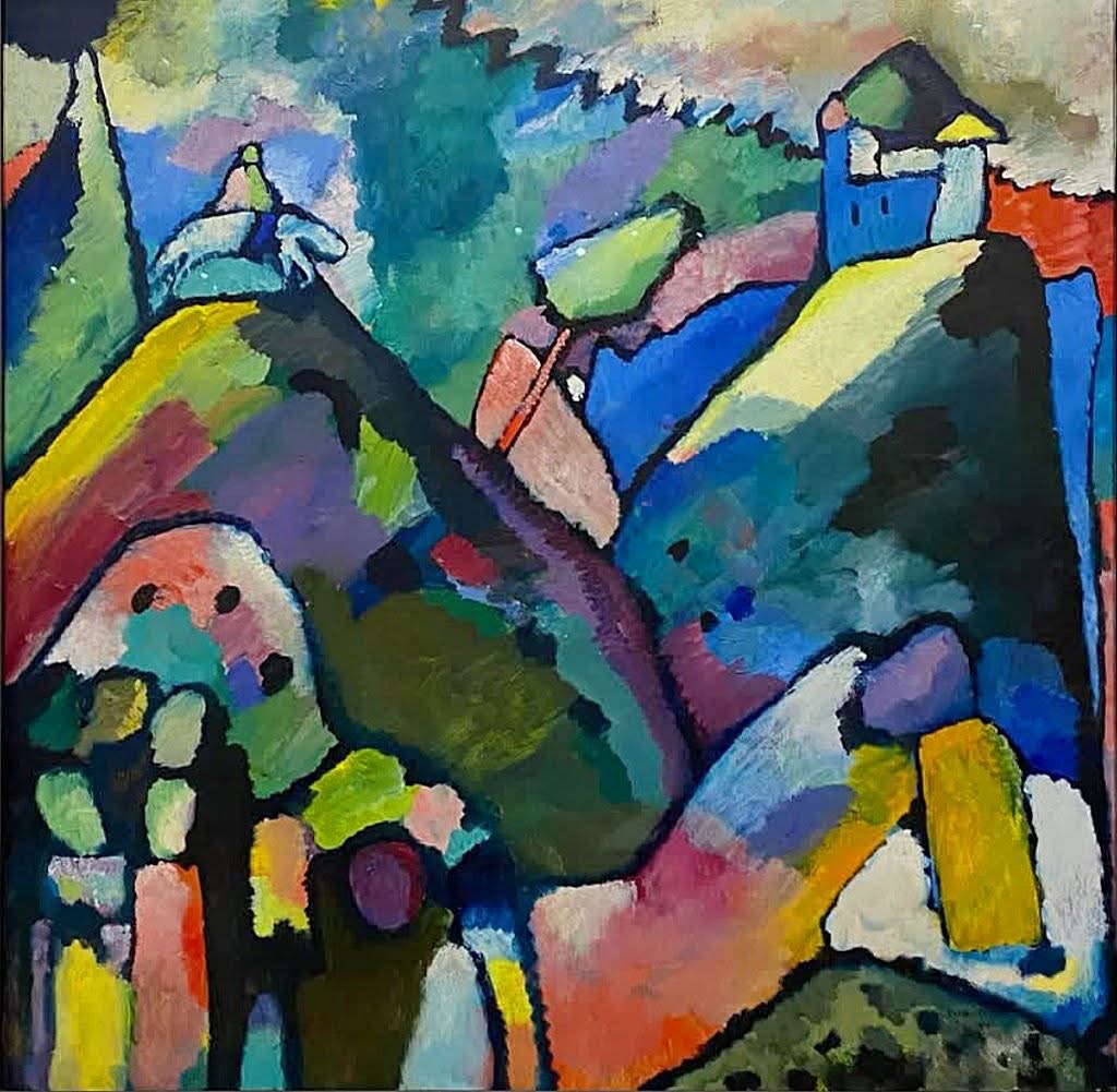 Abstract Kandinsky painting with colorful hills, small houses, and bold black outlines