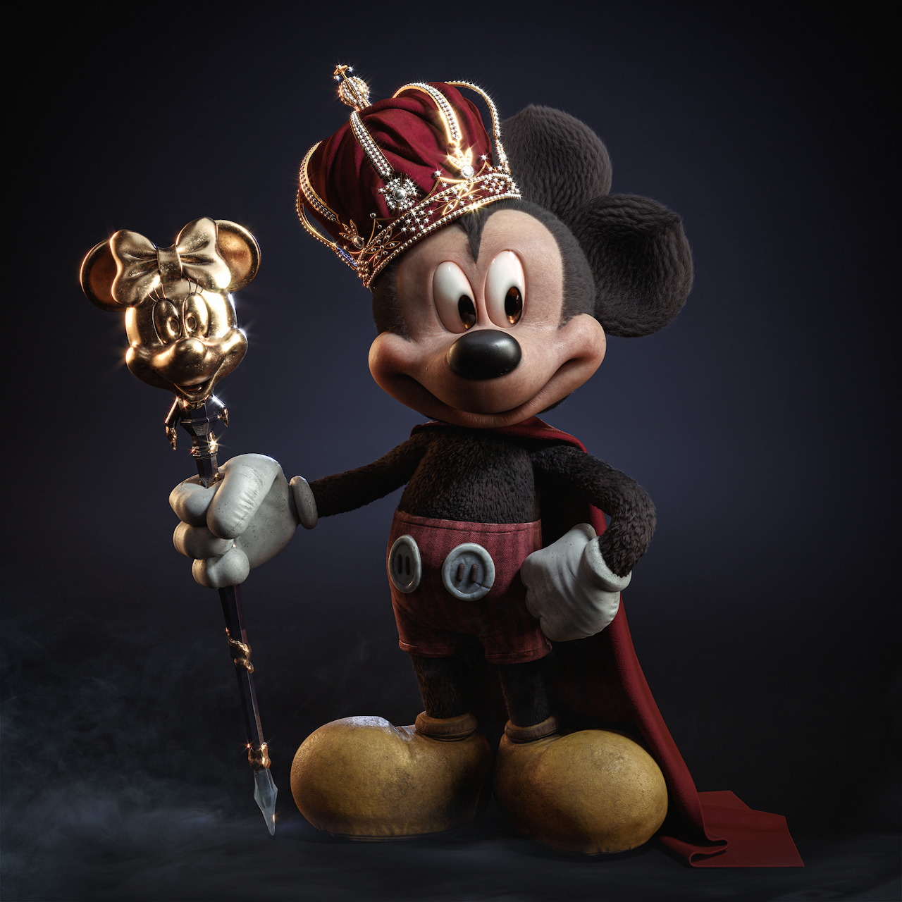 Mickey Mouse wearing a crown and cape while holding a royal scepter.
