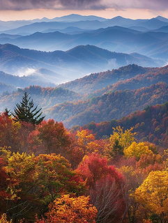 Misty blue ridges of Smoky Mountains National Park with forested slopes