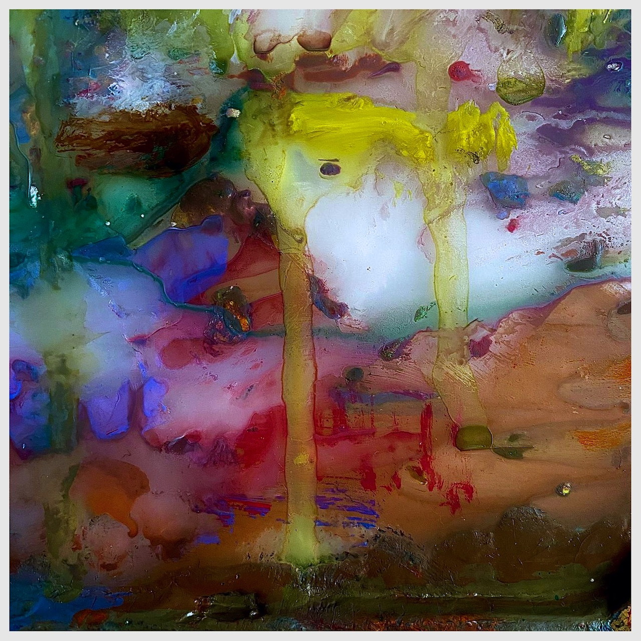 Abstract painting with vibrant yellow, purple, pink and turquoise colors blending in expressive washes