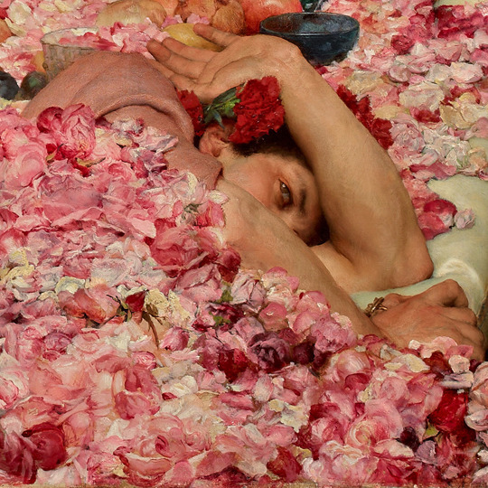 Close-up painting of a reclining person covered in pink rose petals