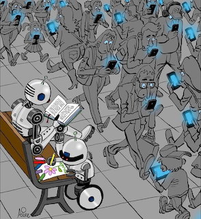 Robots Reading Amid Phone Crowd