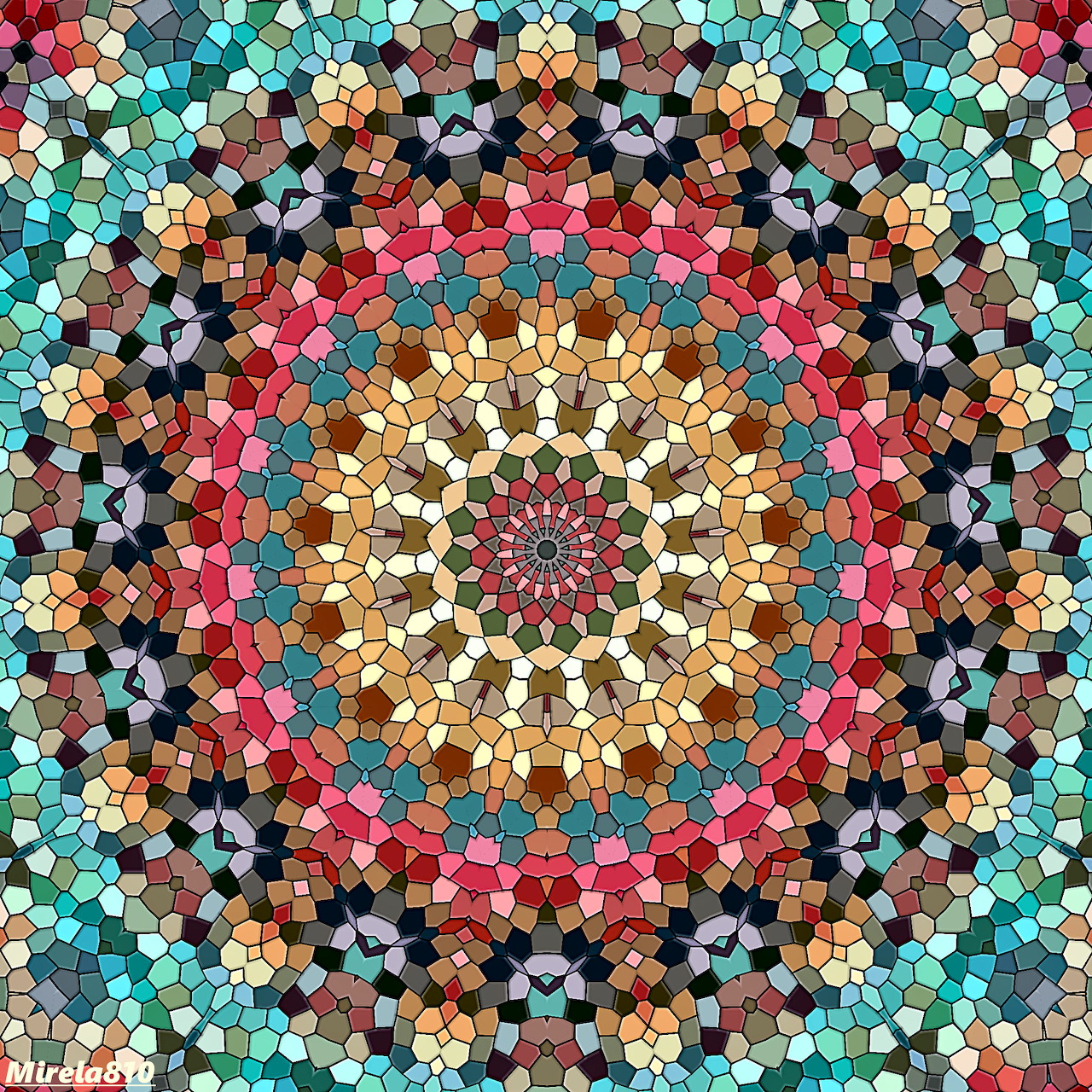 Circular mandala with vibrant geometric patterns in turquoise, coral, pink, and gold radiating from center