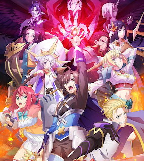 Colorful anime group illustration with multiple characters in fantasy costumes surrounding central glowing energy