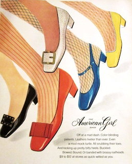 Vintage advertisement featuring four colorful women's heeled shoes in red, white, blue, and yellow