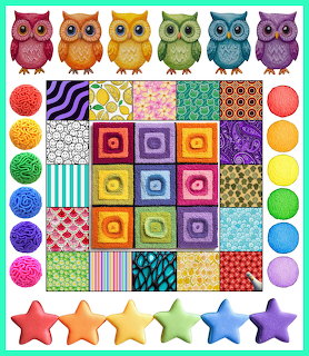Grid collage with rainbow owls, nested square patterns, stars, and colorful circles on white background