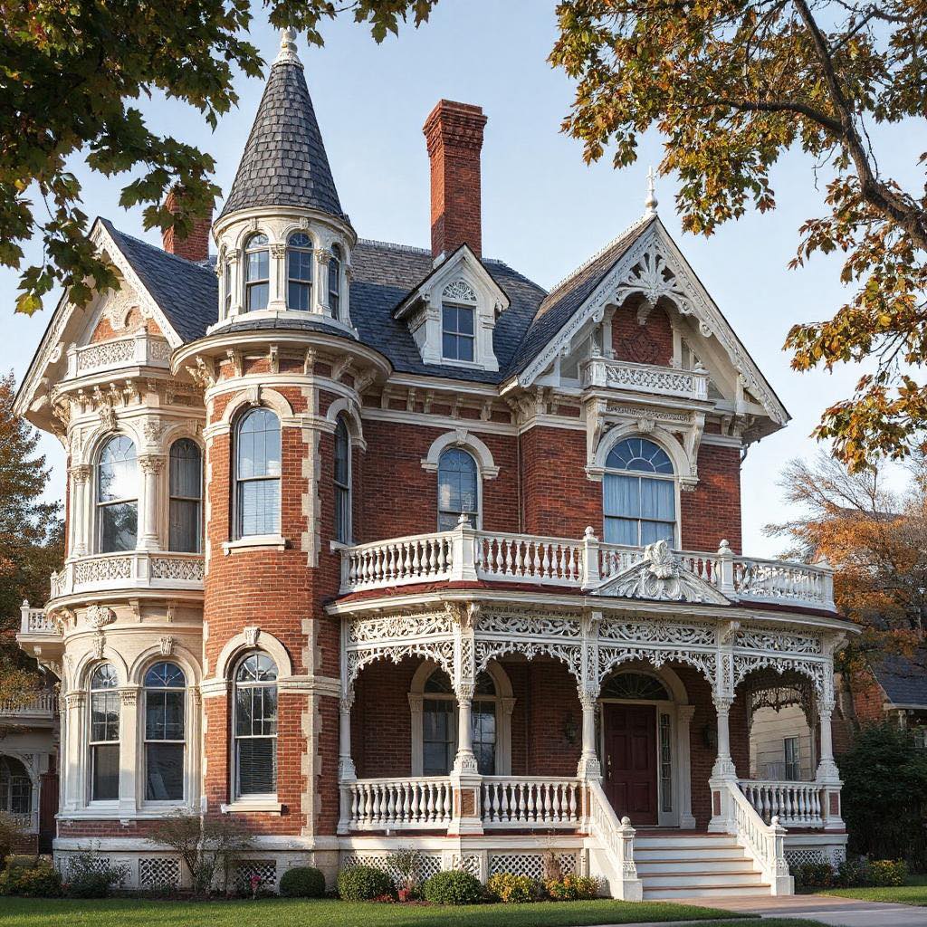 Victorian brick mansion with turret and white wraparound porch under autumn trees