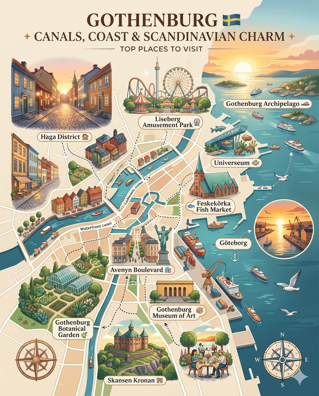 Illustrated map of Gothenburg showing city landmarks, waterways, and coastal attractions with decorative vintage style